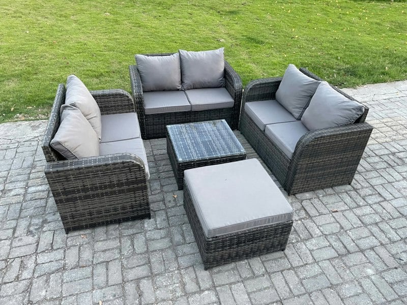 Fimous Outdoor Garden Furniture Sets 7 Seater Wicker Rattan Furniture Sofa Sets with Square Coffee Table Love seat Sofa Big Footstool