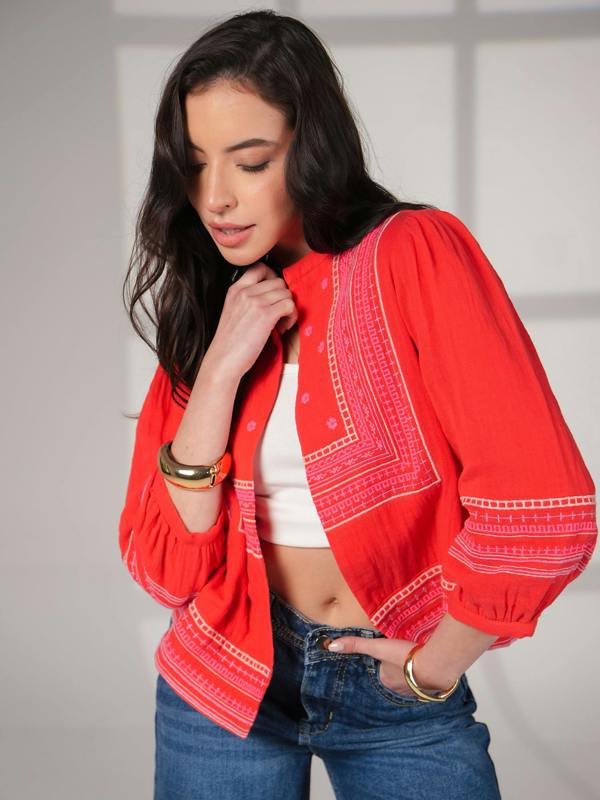 Rose & Nancy Florence Coral Red Embroidered Easy Throw-On Jacket