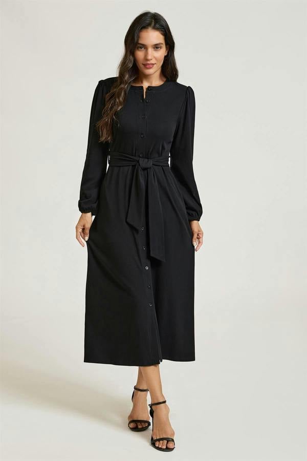 FS Collection Long Balloon Sleeve Jersey Midi Shirt Dress In Black