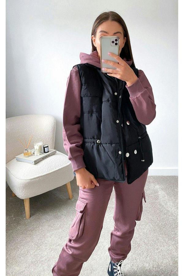 Serena Padded Gilet With Silver Button Details - Black