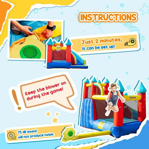 Inflatable kids bouncy castle with slide and blower, child playing on bounce area