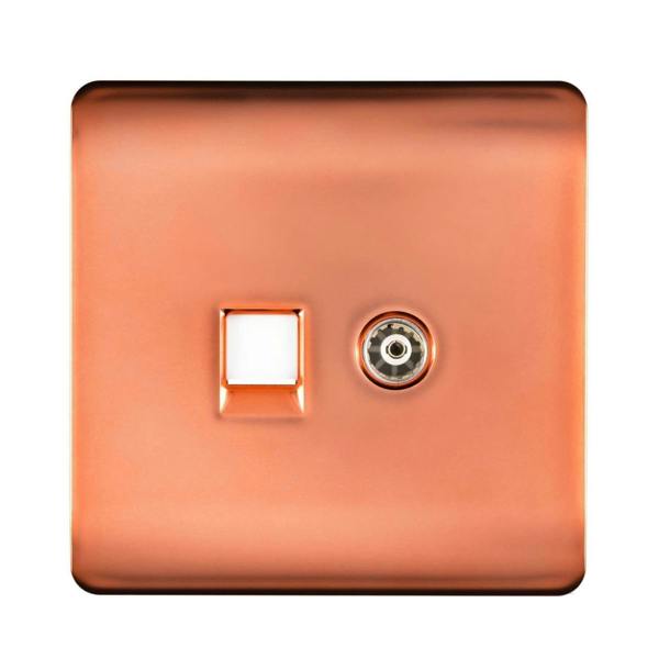 Trendi Switch 2 Gang TV Co-Axial & RJ45 Cat 6 Modern Designer PC Ethernet Sockets in Copper