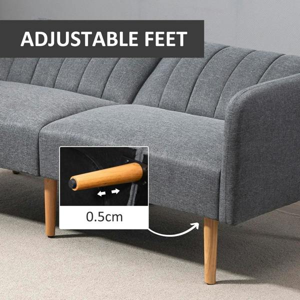Grey sofa bed with adjustable feet and tufted backrest, wooden legs