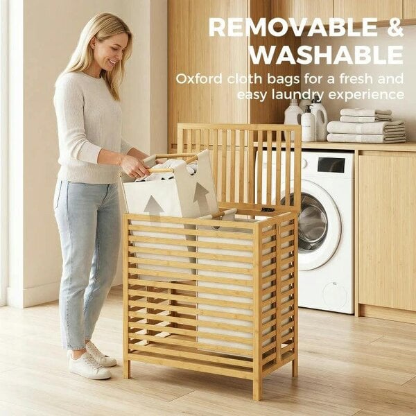 Bamboo Laundry Basket with Lid, 2 Baskets, Foldable, 64L, Natural and Cream White