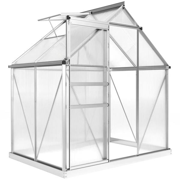 Silver-tone walk-in greenhouse with clear polycarbonate panels and hinged door
