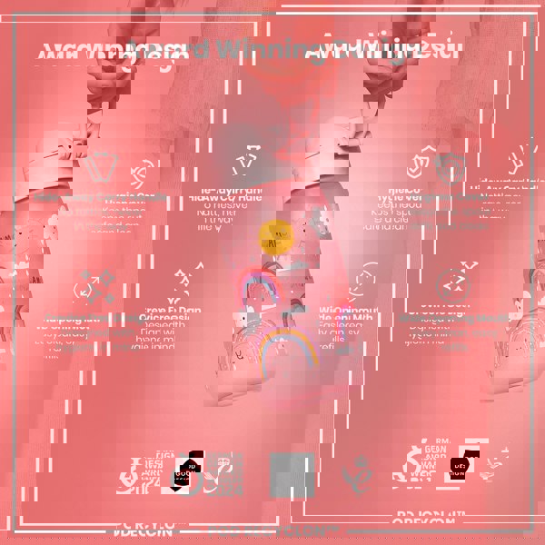 A pink children's water bottle, featuring a rainbow design, is being held. Its features include a hide-away handle, a hygiene cover, and a wide mouth. The bottle is an award-winning design.