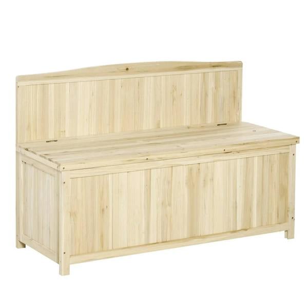 Natural wood outdoor storage bench with hinged lid and slatted back panel