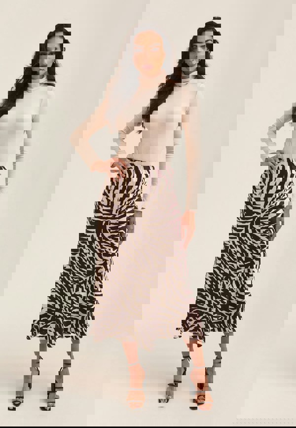 Gini London Chocolate Animal Print Satin Bias Cut Midi Skirt