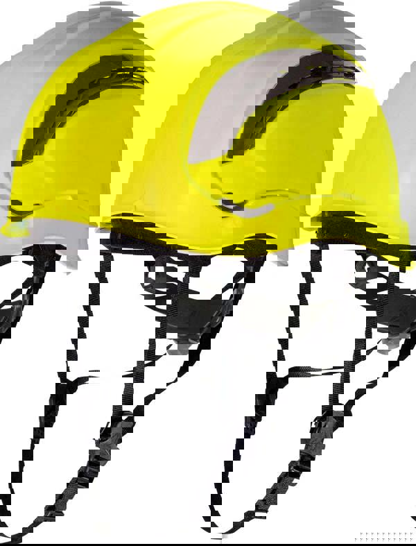 Delta Plus Delta-Plus Granite Wind Vented ABS Safety PPE Helmet, yellow vented safety helmet with adjustable black straps and protective face shield.