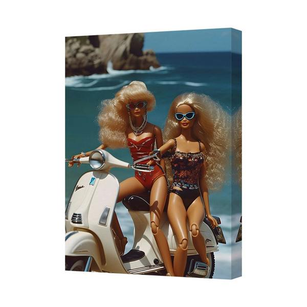 Benjamin Tate Design Seaside Beach Barbie Duo on White Scooter Canvas Wall Art Print
