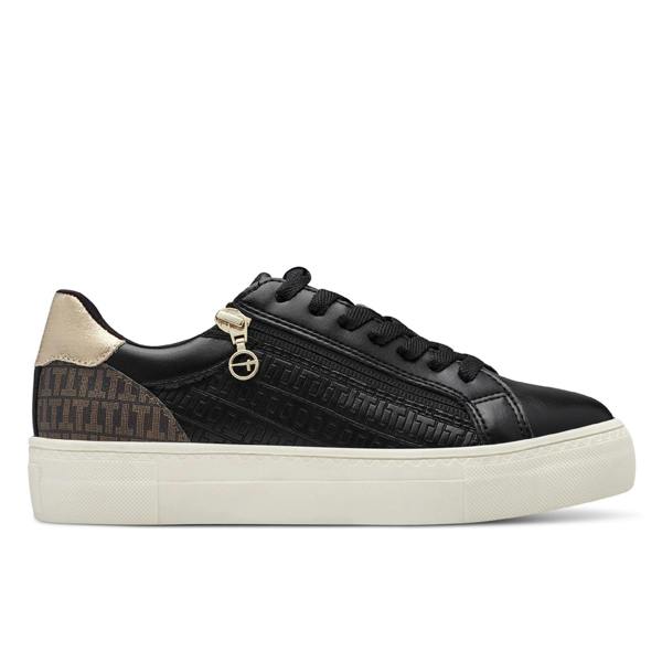 Tamaris Womens Black Gold Faux Leather Fashion Lace Up Sneakers