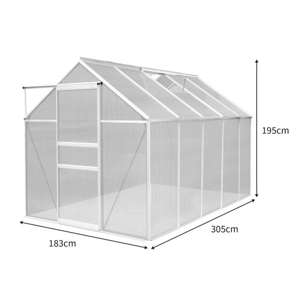 Silver polycarbonate greenhouse measuring 6ft x 10ft with a sloped roof, transparent panels, and sturdy frame for optimal sunlight