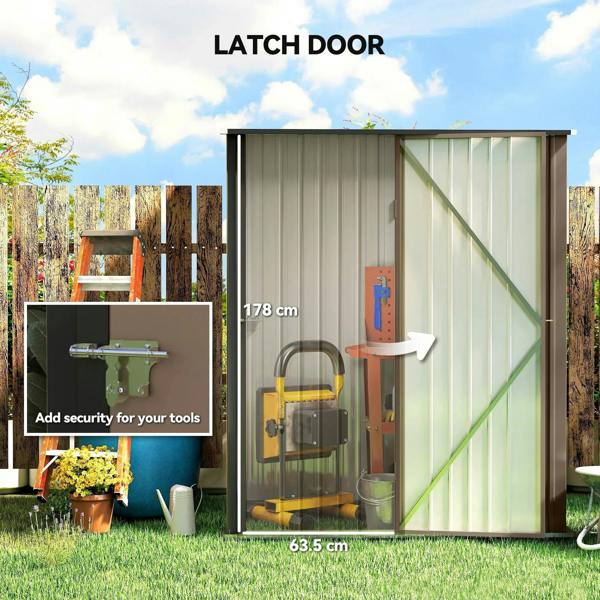 Brown corrugated steel garden shed with latch door and interior storage space