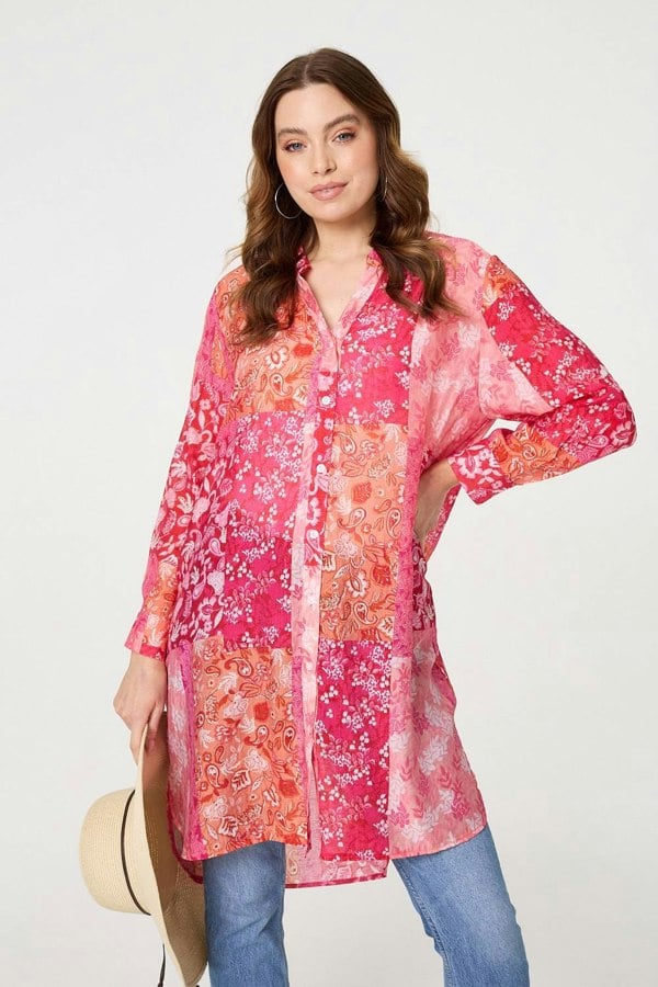 Red | Patchwork Print Semi Sheer Longline Shirt
