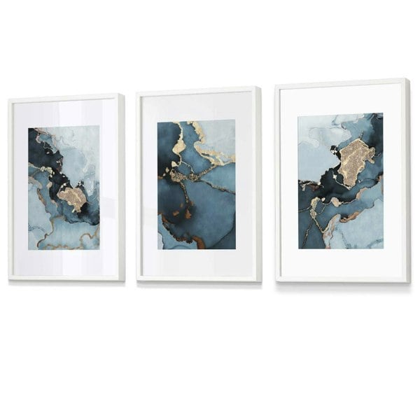Set of 3 Abstract Teal Blue and Gold Framed Wall Art Prints | Artze Wall Art UK