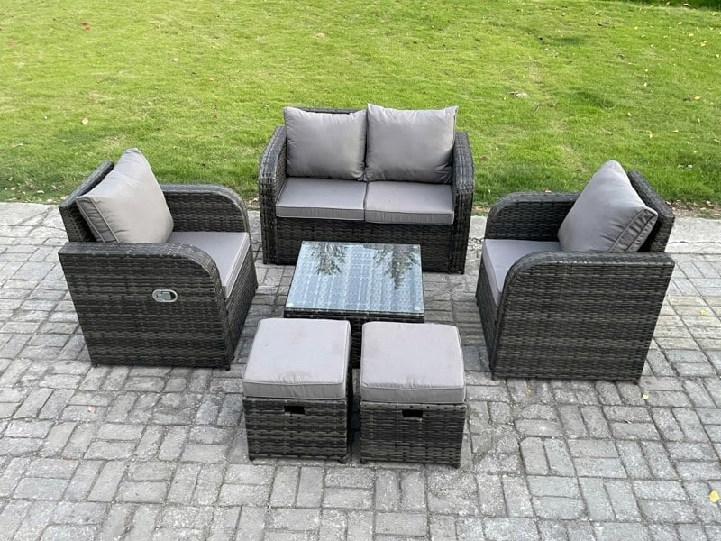 Fimous Rattan Garden Furniture Set Patio Conservatory Indoor Outdoor 6 Piece Set with Love Sofa Square Coffee Table 2 Small Footstools