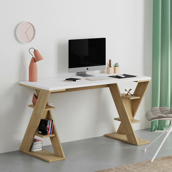 Decortie Papillon Desk with Bookshelf Storage Legs Modern Minimalist Workspace Desk 137x75x60 cm