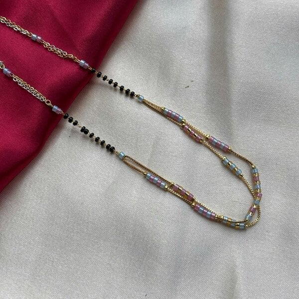The Colourful Aura Two Layer Gold Pink Grey Seed Bead Indian Traditional Mangalsutra Necklace