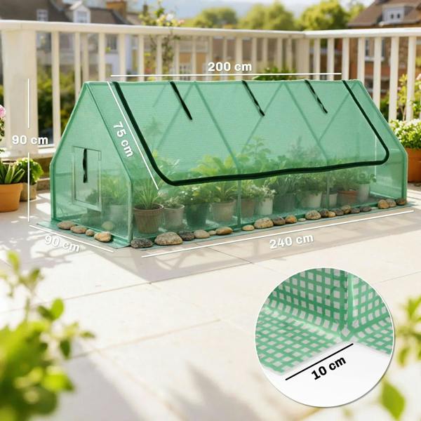Green mini greenhouse with mesh sides and large front opening, 240 x 90 x 90 cm.