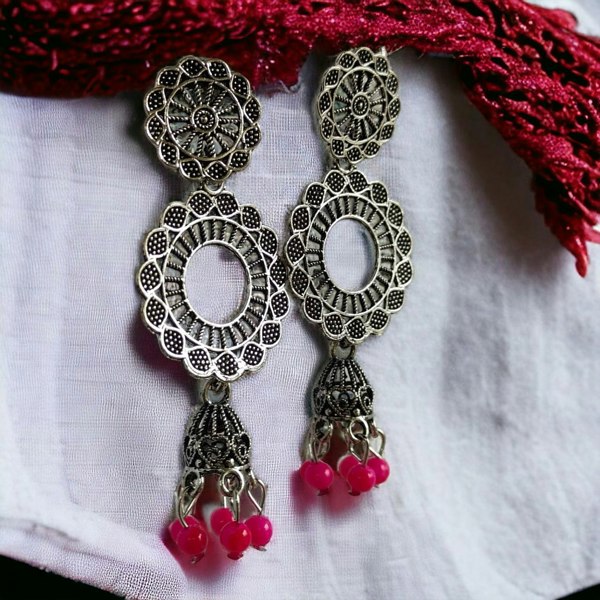 The Colourful Aura Indian Boho Oxidised Drop Ethnic Jhumkis Earrings