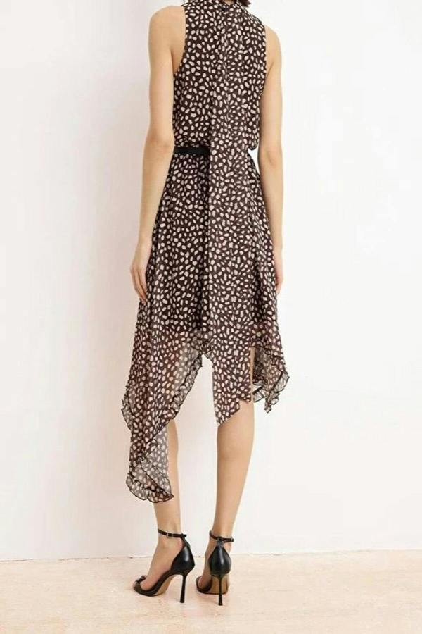 WOVCOR Polka Dot Asymmetrical Skirt Detail Chiffon Lined Midi Woven Dress