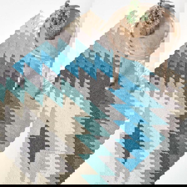 HOMESCAPES Helsinki Handwoven Geometric Blue Grey and Cream Kilim Wool Rug