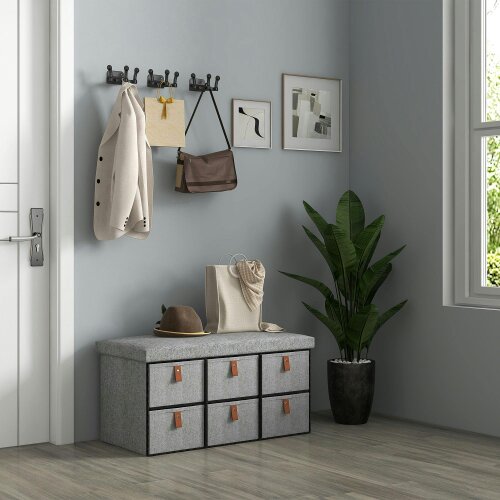 Wyld Haus Taelha Light Grey Fabric Shoe Bench With Cushioned Seat And 6 Fabric Drawers