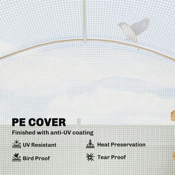White PE cover detail with anti-UV coating; UV resistant and tearproof indicators