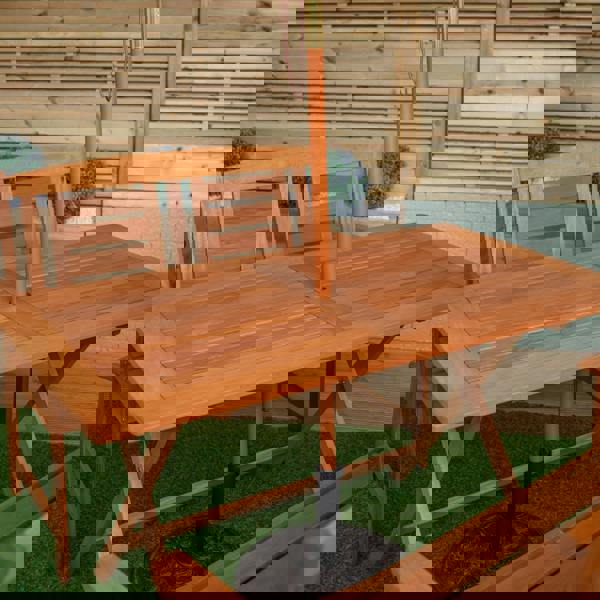 Samuel Alexander Outdoor 4 Person Folding Rectangular Wooden Garden Dining Table Benches Cream Parasol and Base Set