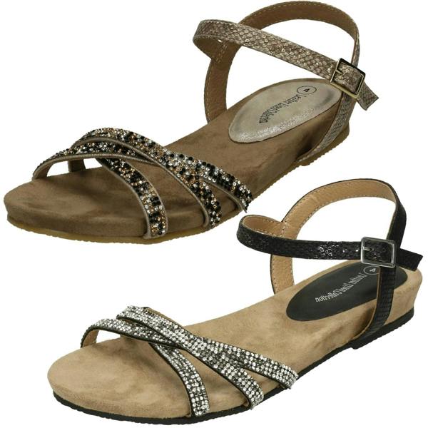 Savannah Ladies Leather Collection Flat Diamante Sandals
