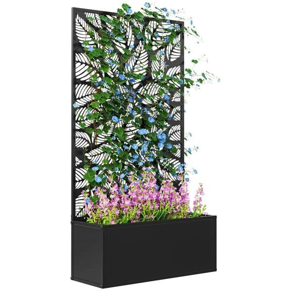 Black metal outdoor planter with back trellis, filled with flowering plants and long stems.