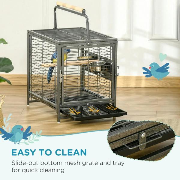 Black metal bird cage with top handle, wire mesh interior, and metal bowls on perches.