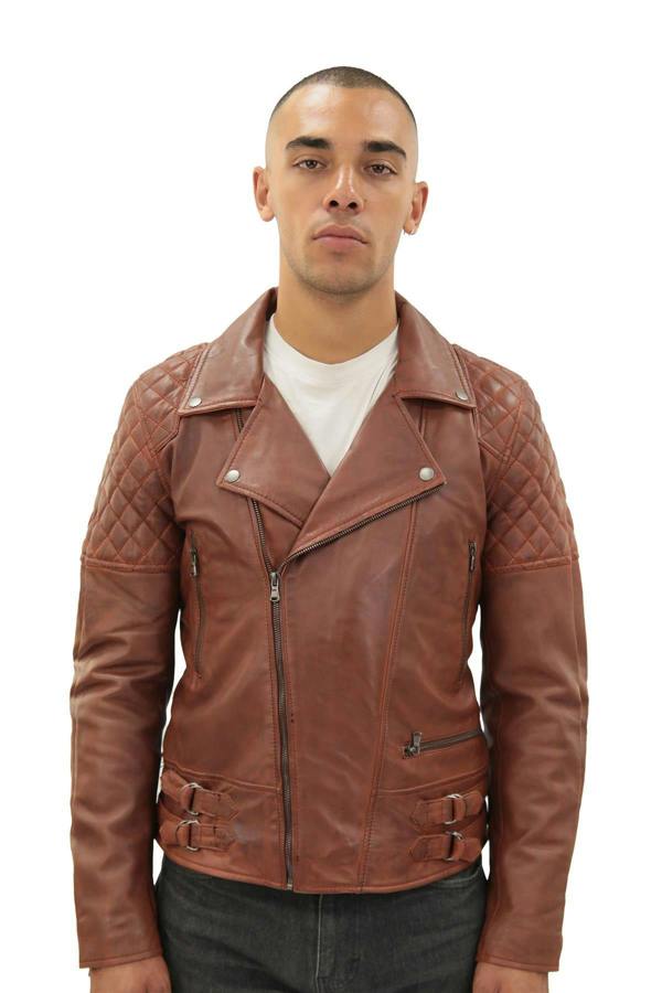 Infinity Leather Mens Quilted Leather Biker Jacket-Bordeaux