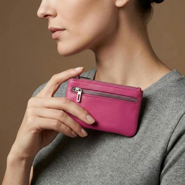Woman holding a pink wallet against a neutral background