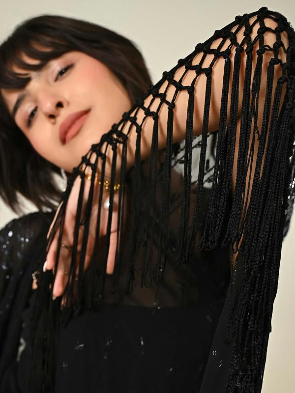 Rose & Nancy Fi Black Statement Hand Embellished Fringe Trim Kimono