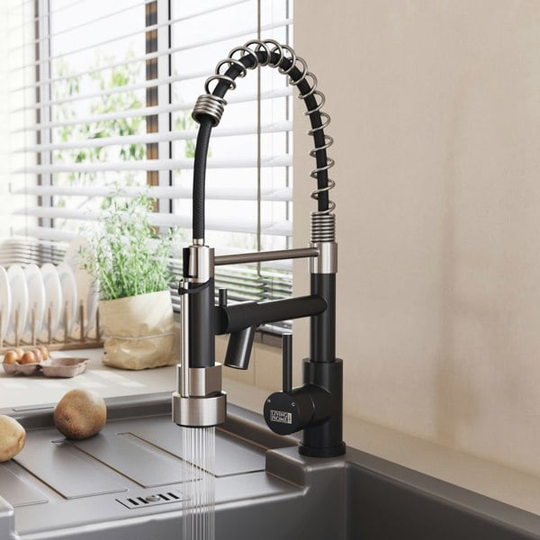 Kitchen Faucet with Pull Down Spring Spout and Pot Filler Kitchen Taps Living and Home Chrome+Black