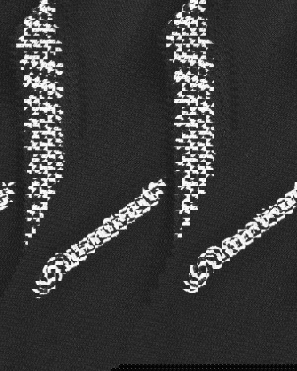 Lambretta Mens Classic Two Tone Ringer Retro Casual T-Shirt, close-up of the black t-shirt with white embroidered Lambretta logo and a checkered stripe design.