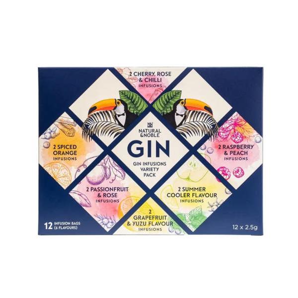 Natural & Noble Gin Infusions Variety Pack 12-bag gift box on white background