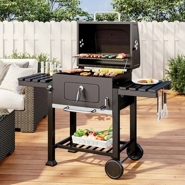 Outdoor Carbon Steel BBQ Cooker BBQ Grill Garden Wide 138cm w/ Side Shelves BBQ Grills Living and Home