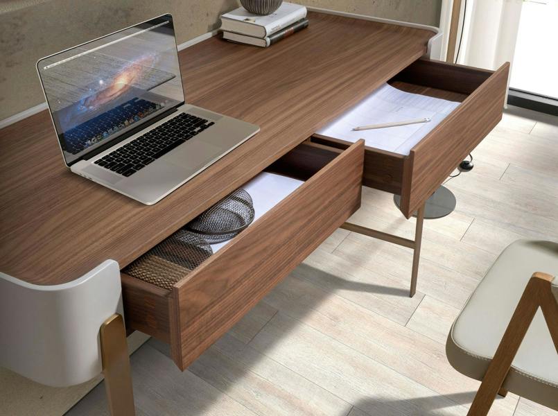 Angel Cerdá Desk in Walnut, Beige and Golden Polished Steel 7186