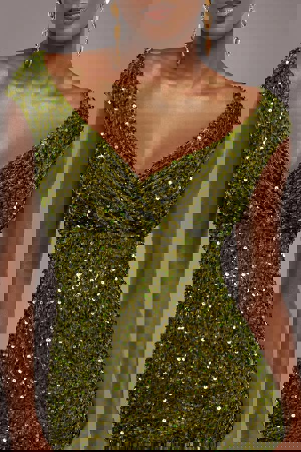Multi Sequin & Velvet Bardot Midi Dress - Olive Green DR3550