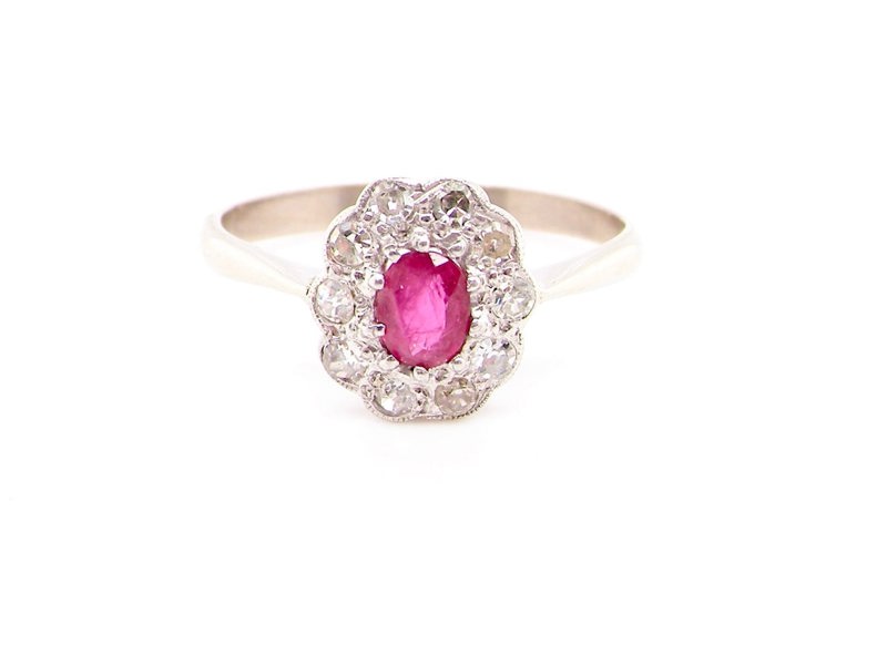 Vintage Tom A platinum ruby and diamond cluster ring