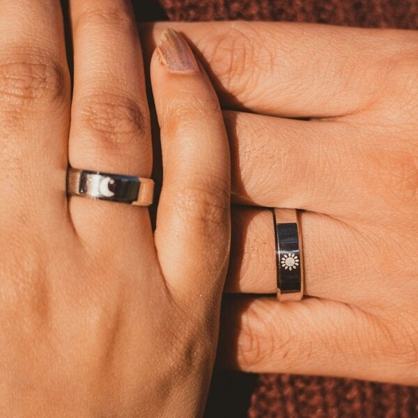 The Colourful Aura Black Band Matching Couple Moon and Sun Promise Ring set