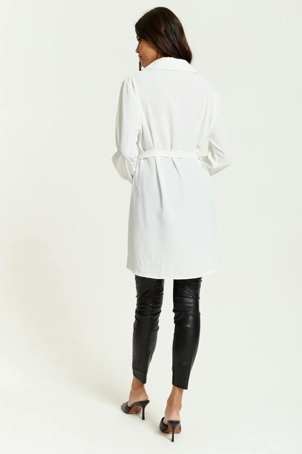 Hoxton Gal Oversized Belt Detailed Shirt Tunic with Long Sleeves in White
