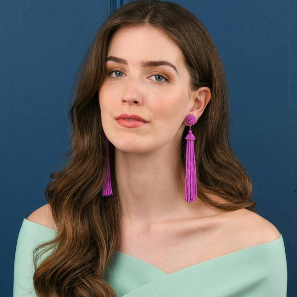 Zavana Long Purple Beaded Tassel Earrings for Women