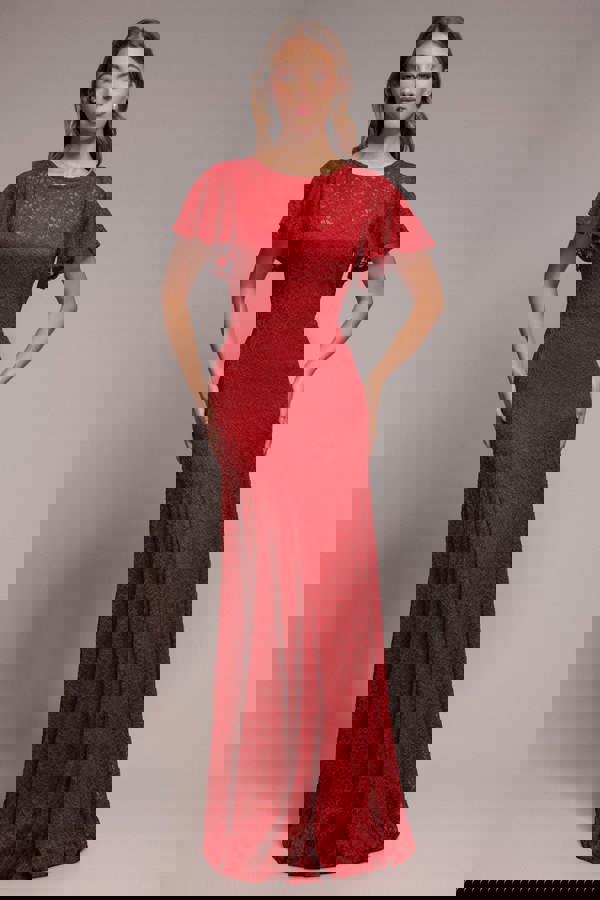 Flutter Sleeve Lace A-Line Maxi Dress - Red DR4361