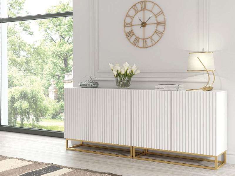 Mex Furniture Sophisticated White Sideboard with Fluted Fronts & Gold Legs – 200cm Storage Unit