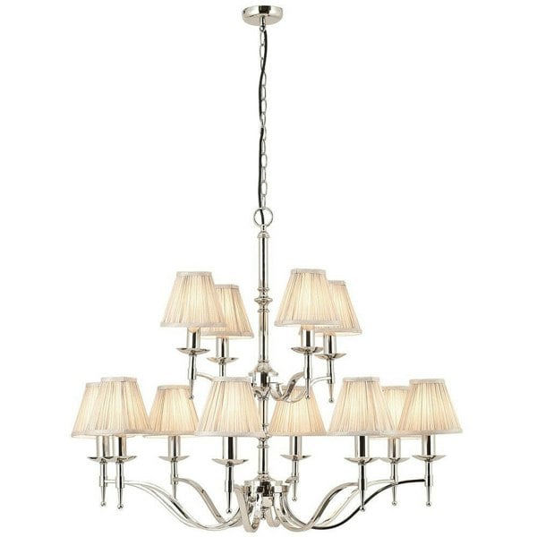 Avery Ceiling Pendant Chandelier Light 12 Lamp Bright Nickel & Beige Pleat Shade Loops