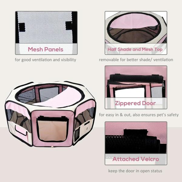 Pink pet playpen detail view showing mesh panels, removable half top, and zippered door