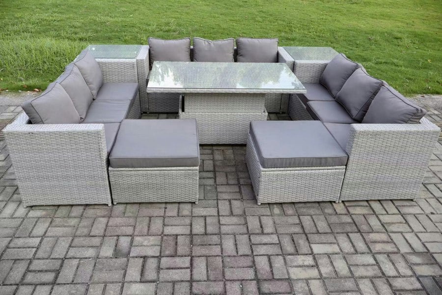 Fimous Rattan Outdoor Garden Furniture Set with Height Adjustable Table, 3 Sofas, 2 Side Tables, 2 Footstools - 11 Seater - Light Grey